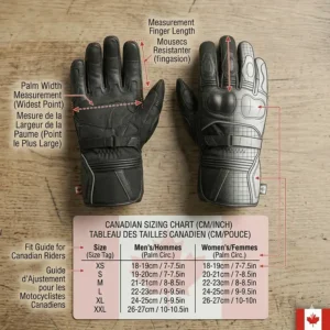 Measurement guide for 3 season motorcycle gloves to ensure a snug fit for Canadian men and women riders.