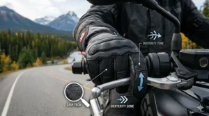 Close-up illustration of textured palms on snowmobile gloves ensuring a firm grip on motorcycle handlebars and levers.