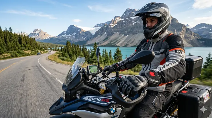 A rider wearing breathable summer motorcycle gloves while touring through the Canadian Rockies in Alberta.