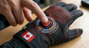 Hand pressing the LED temperature controller on a heated motorcycle glove liner to adjust heat levels.