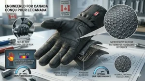 Detailed view of a silicone-textured palm on an insulated glove ensuring a secure grip on handlebars despite bulky cold-weather materials.