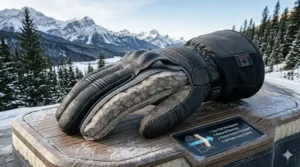 A photorealistic cross-section illustration showing the multi-layer thermal insulation and soft fleece lining of winter motorcycle gloves designed for sub-zero temperatures.