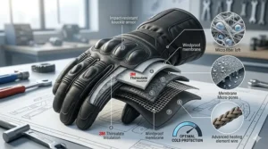 Cross-section diagram of multi-layer Thinsulate lining in motorcycle gloves designed for cold hands and freezing temperatures.