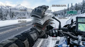 Internal layering of motorcycle gloves designed for sub-zero temperatures and -30°C wind chill.