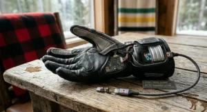 Cutaway view of the Thinsulate thermal lining and heating elements inside a high-performance motorcycle glove.