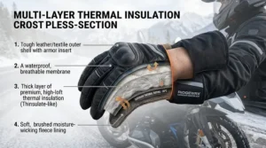 Close-up of the multi-layer thermal insulation inside winter motorcycle gloves for sub-zero Canadian temperatures.