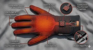 Close-up of thin, battery-powered heated motorcycle glove liners being inserted into standard riding gloves.