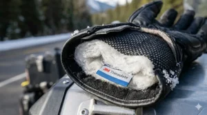 Internal view of a winter motorcycle glove featuring 3M Thinsulate insulation for sub-zero Canadian riding conditions.