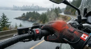 A rider using a smartphone GPS in Ontario with touchscreen-compatible heated motorcycle glove liners.
