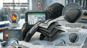 Illustration of conductive fingertips on winter motorcycle gloves allowing for GPS use without exposing hands to the Canadian cold.