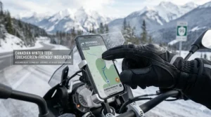 A rider using a smartphone GPS with conductive fingertips on insulated winter motorcycle gloves.