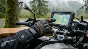 Rider using a GPS with touchscreen-compatible spring fall motorcycle gloves during a cross-Canada road trip.