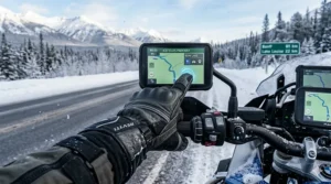 Winter motorcycle gloves with touchscreen-capable fingertips for GPS use in freezing Canadian weather.