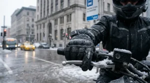 Close-up of a rider’s hand in waterproof winter motorcycle gloves gripping a slush-coated handlebar during a snowy urban commute in Montreal, Canada.