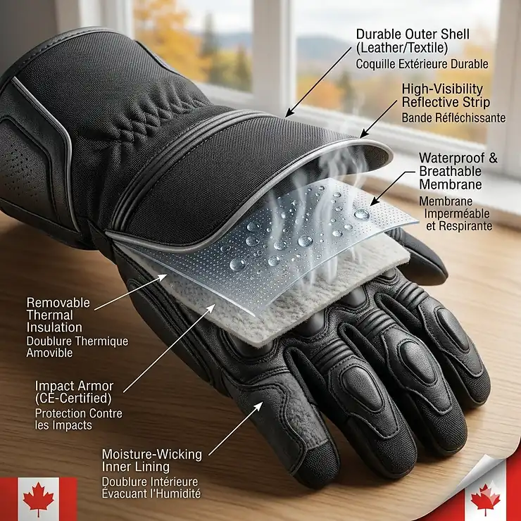 Diagram showing waterproof and breathable layers in 3 season motorcycle gloves for rainy Atlantic Canada weather.