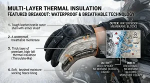 Illustration showing a waterproof, breathable membrane keeping hands dry during a slushy Canadian spring ride.