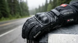 Close-up of water beading off a waterproof winter motorcycle glove, ideal for riding in rainy Vancouver or misty Maritimes.