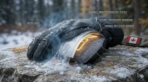 Waterproof and windproof layers of a heated motorcycle glove, including a specific Hipora liner, shown deflecting cold slush and ice in a Canadian riding context.