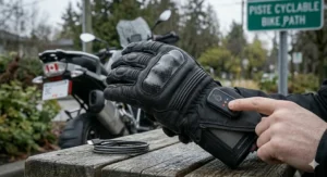 Waterproof rechargeable heated motorcycle gloves repelling rain and sleet during a damp Vancouver commute.