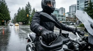 Waterproof heated motorcycle gloves gripping handlebars during a rainy commute in Vancouver, British Columbia.