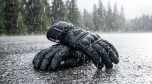 Close-up of water beading off waterproof winter motorcycle gloves (gants de moto imperméables) during a heavy downpour, showing advanced hydrophobic repellent properties.