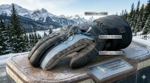 A detailed illustration of a water-resistant membrane and water droplets on heavy-duty leather winter riding gloves.