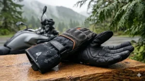 Waterproof spring fall motorcycle gloves designed for damp Pacific Northwest and Atlantic Canada riding conditions.