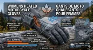 Illustration of water-resistant layers in womens heated motorcycle gloves designed for unpredictable Vancouver rain and Ontario winds.