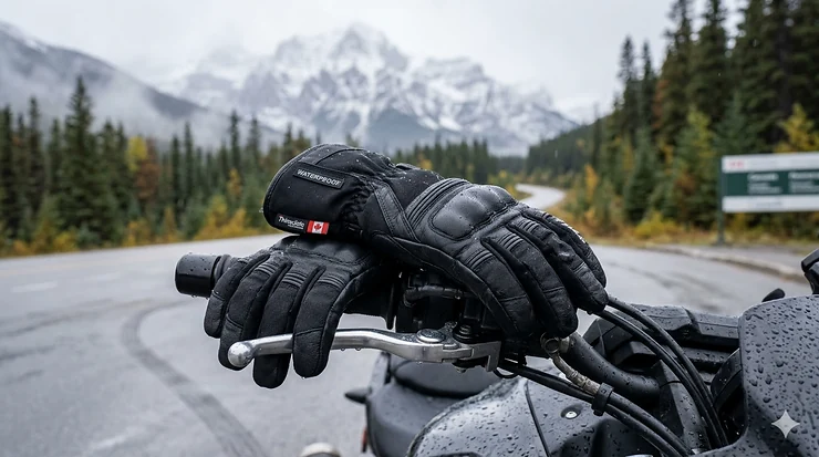 A pair of premium waterproof winter motorcycle gloves resting on a bike handlebar during a snowy morning in the Canadian Rockies; essential gear for cold weather riding.