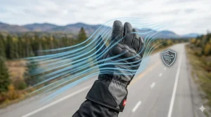 Graphic showing windblocking technology in snowmobile gloves for motorcycle riding on open Canadian highways (gants de motoneige).