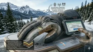 A graphic featuring rugged winter motorcycle gloves with "Gants de moto d'hiver" text for the bilingual Canadian market.