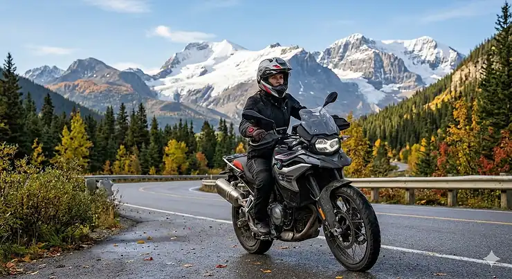 A woman riding a motorcycle through the Canadian Rockies wearing waterproof womens heated motorcycle gloves during autumn.