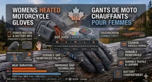 Easy-to-read size guide for womens heated motorcycle gloves with measurements in centimeters and inches for Canadian shoppers.