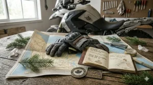 Adventure motorcycle gloves resting on a campsite picnic table next to a helmet and coffee mug in Algonquin Provincial Park.