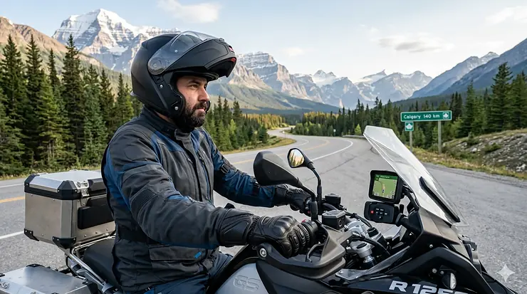 A rider navigating a scenic, gravel mountain pass in the Canadian Rockies wearing armored adventure motorcycle gloves for grip and protection.