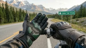 Illustration highlighting technical safety features of adventure motorcycle gloves, including carbon-fiber knuckles and reinforced leather palms.