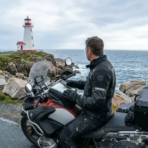 Adventure rider using waterproof touring motorcycle gloves while parked near a lighthouse in Nova Scotia.