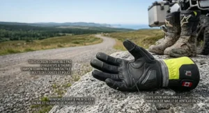 Photorealistic illustration of adventure-touring motorcycle gloves on a granite rock in the Nova Scotia Highlands, with bilingual labels for touchscreen pads and mesh panels.
