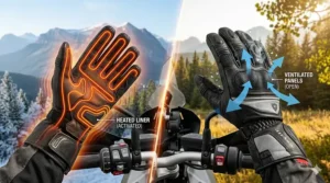 A split-view illustration showing motorcycle gloves with active heated liners for cold weather and mesh ventilation for hot Canadian summers.