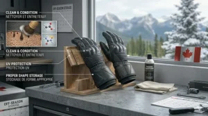 Diagram showing carbon fiber knuckle protection and palm sliders on high-performance gauntlet motorcycle gloves.