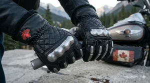 Reinforced armored gloves for Harley Davidson riders providing maximum palm protection for Canadian highway touring.