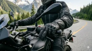 Reinforced textile motorcycle gloves featuring CE-rated knuckle protection for enhanced rider safety on Canadian roads.