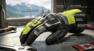 Photorealistic cutaway illustration of black and hi-vis armored motorcycle gloves showcasing internal hard knuckle protection and conductive touchscreen pads.