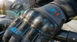 Close-up of carbon fiber knuckle protection on lightweight ventilated motorcycle gloves for safety-conscious Canadian riders.