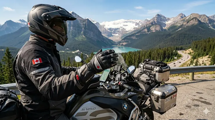 A motorcyclist wearing waterproof touring gloves while overlooking the Rocky Mountains on a Trans-Canada highway trip. gloves for trans canada motorcycle trip
