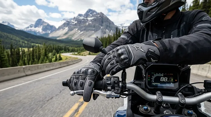 A motorcyclist riding through the Canadian Rockies wearing breathable mesh motorcycle gloves for summer comfort.