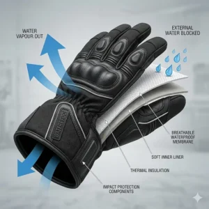 Technical diagram showing the breathable waterproof membrane layers of touring motorcycle gloves for Canadian weather.