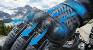 Technical illustration showing mesh panels on ventilated motorcycle gloves for maximum airflow during humid Ontario summers.