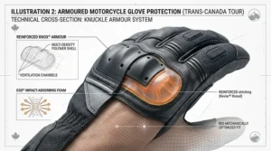 Close-up of a motorcycle glove cuff featuring a Canadian flag and bilingual "La Traversée du Canada" branding for the national market.