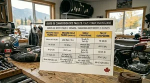 A clean, bilingual English and French table converting hand measurements to standard motorcycle glove sizes (S-XXL).